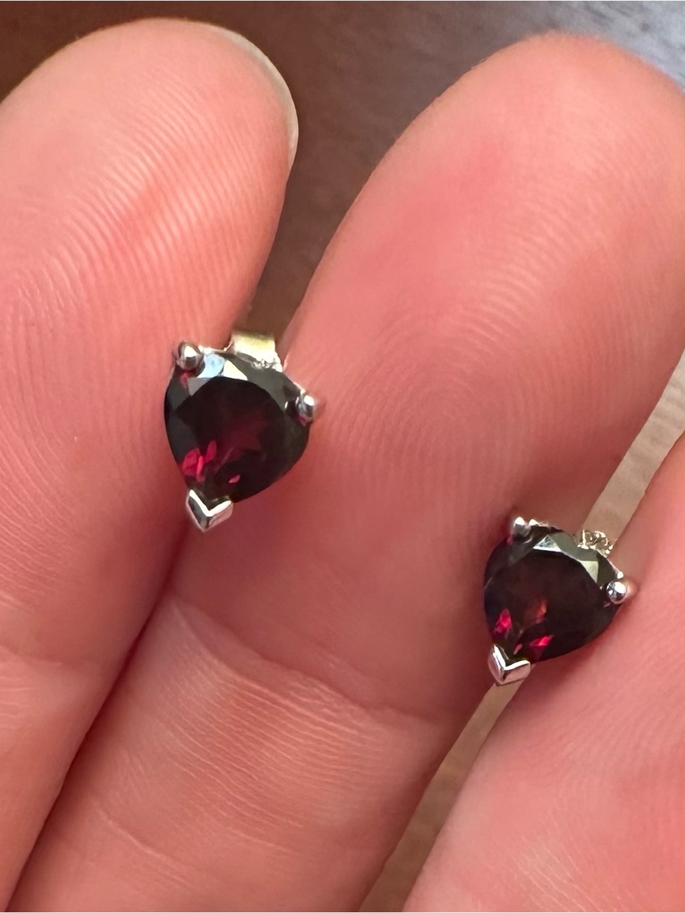 Sterling Silver Garnet Heart Stud Earrings - Deep Red
